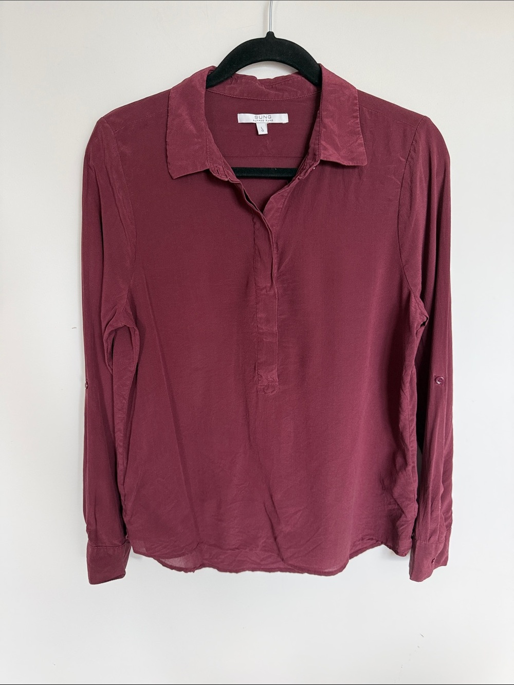 Alfred Sung 100% Silk Button Front Blouse Burgundy Size L